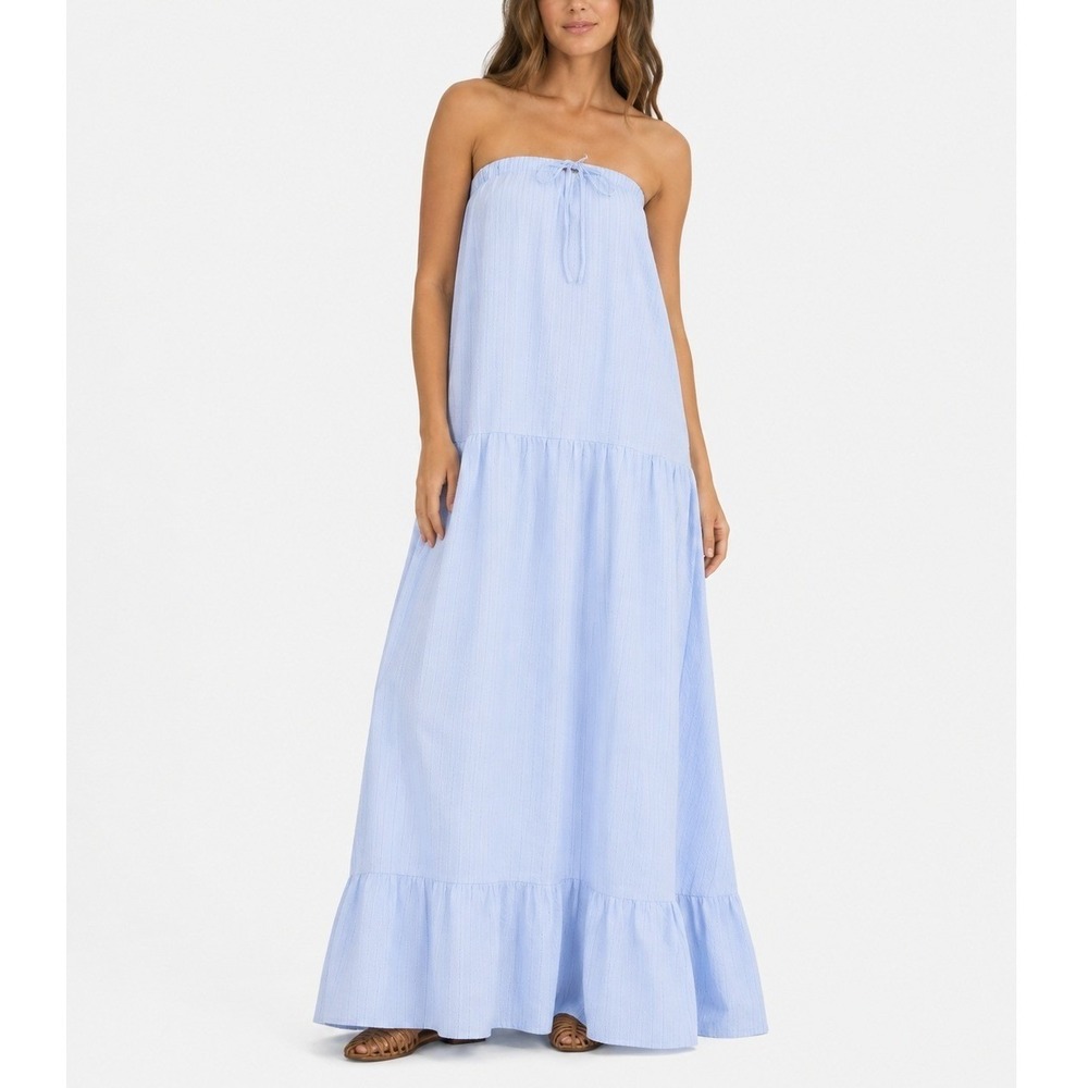 Sabo Bella Dress Blue Maxi Textured Stripe Tiered Cotton XS NEW